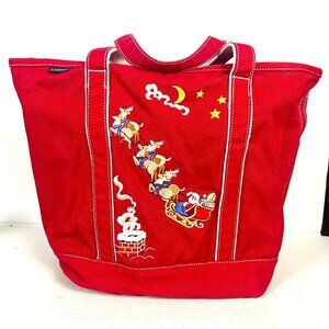 Lands End Christmas Heavy Canvas Tote Bag Large 15x13x9 Embroider Santa Sleigh